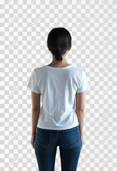 Portrait photography, full body portrait, The back of an Asian woman standing, Look back with your head, she made such gestures, She's 36 years old, she is wearing casual clothes, white background, minimalism, 16K, HDR,