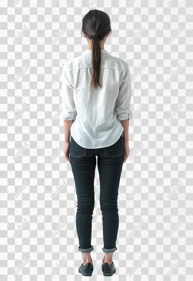 Portrait photography, full body portrait, The back of an Asian woman standing, Look back with your head, she made such gestures, She's 36 years old, she is wearing casual clothes, white background, minimalism, 16K, HDR,