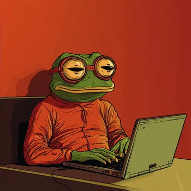 pepe the frog using his laptop asking the IA some questions 2D Illustration Thick black outlines, meme look, comic style, meme art, inspired by the simpsons, inspired by rick and morty, inspired by futurama