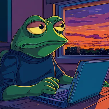 pepe the frog using his laptop asking the IA some questions 2D Illustration Thick black outlines, meme look, comic style, meme art, inspired by the simpsons, inspired by rick and morty, inspired by futurama