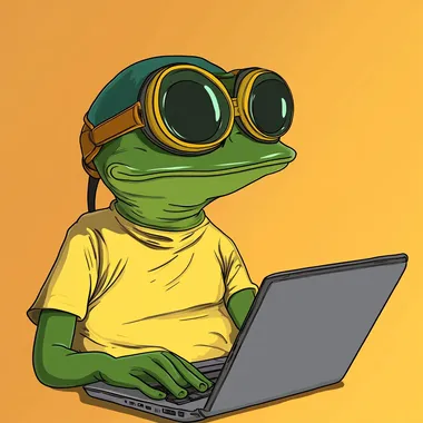 pepe the frog using his laptop asking the IA some questions 2D Illustration Thick black outlines, meme look, comic style, meme art, inspired by the simpsons, inspired by rick and morty, inspired by futurama