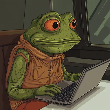 pepe the frog using his laptop asking the IA some questions 2D Illustration Thick black outlines, meme look, comic style, meme art, inspired by the simpsons, inspired by rick and morty, inspired by futurama