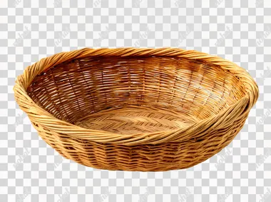 a large woven rotan harvest basket, empty, isolated on white background, detailed weaving pattern, rustic and natural texture, hyper-realistic