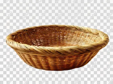 a large woven rotan harvest basket, empty, isolated on white background, detailed weaving pattern, rustic and natural texture, hyper-realistic