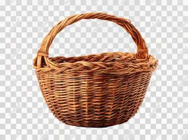 a large woven rotan harvest basket, empty, isolated on white background, detailed weaving pattern, rustic and natural texture, hyper-realistic