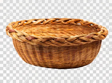 a large woven rotan harvest basket, empty, isolated on white background, detailed weaving pattern, rustic and natural texture, hyper-realistic