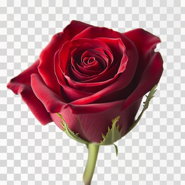A stunning close-up of a vibrant red rose, perfectly bloomed, set against a pure white background. The rose displays lush, velvety petals arranged in a tight spiral, showcasing deep crimson hues with subtle variations in color that add depth and realism. Accompanied by a few fresh green leaves that frame the flower, the image focuses on the intricate details of the petals and the rich, saturated colors, highlighting the natural beauty and romantic symbolism of the rose.