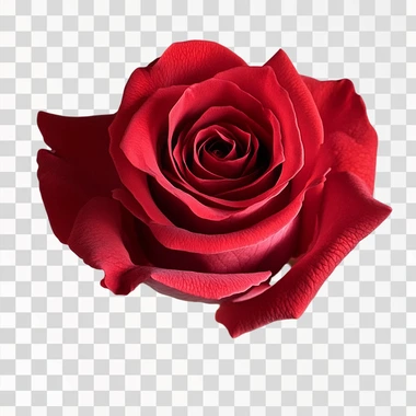 A stunning close-up of a vibrant red rose, perfectly bloomed, set against a pure white background. The rose displays lush, velvety petals arranged in a tight spiral, showcasing deep crimson hues with subtle variations in color that add depth and realism. Accompanied by a few fresh green leaves that frame the flower, the image focuses on the intricate details of the petals and the rich, saturated colors, highlighting the natural beauty and romantic symbolism of the rose.