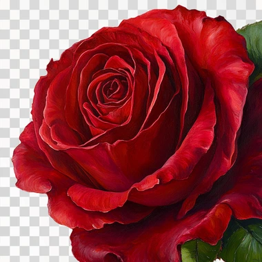 A stunning close-up of a vibrant red rose, perfectly bloomed, set against a pure white background. The rose displays lush, velvety petals arranged in a tight spiral, showcasing deep crimson hues with subtle variations in color that add depth and realism. Accompanied by a few fresh green leaves that frame the flower, the image focuses on the intricate details of the petals and the rich, saturated colors, highlighting the natural beauty and romantic symbolism of the rose.