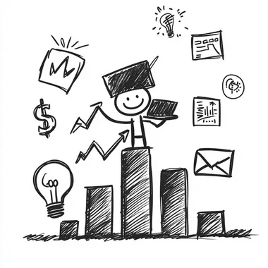A cartoonish black and white doodle of a tiny stick figure standing confidently on top of a bar chart with an upward arrow, holding a laptop in one hand and a dollar sign in the other, surrounded by symbols of digital marketing success like a graph, a light bulb, and social media icons, simplistic children's drawing, hand-drawn with rough lines, minimalistic and expressive