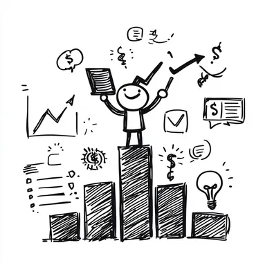 A cartoonish black and white doodle of a tiny stick figure standing confidently on top of a bar chart with an upward arrow, holding a laptop in one hand and a dollar sign in the other, surrounded by symbols of digital marketing success like a graph, a light bulb, and social media icons, simplistic children's drawing, hand-drawn with rough lines, minimalistic and expressive
