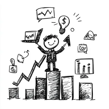 A cartoonish black and white doodle of a tiny stick figure standing confidently on top of a bar chart with an upward arrow, holding a laptop in one hand and a dollar sign in the other, surrounded by symbols of digital marketing success like a graph, a light bulb, and social media icons, simplistic children's drawing, hand-drawn with rough lines, minimalistic and expressive
