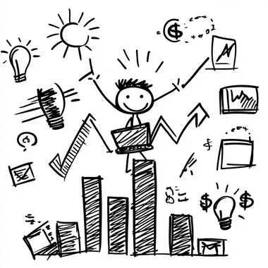 A cartoonish black and white doodle of a tiny stick figure standing confidently on top of a bar chart with an upward arrow, holding a laptop in one hand and a dollar sign in the other, surrounded by symbols of digital marketing success like a graph, a light bulb, and social media icons, simplistic children's drawing, hand-drawn with rough lines, minimalistic and expressive