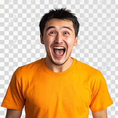 stock image of a young Kazakh man wearing an orange t-shirt. He is joyfully expressing his excitement, with a big smile on his face. The background should be white to highlight his emotions and the brightness of the t-shirt.