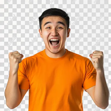 stock image of a young Kazakh man wearing an orange t-shirt. He is joyfully expressing his excitement, with a big smile on his face. The background should be white to highlight his emotions and the brightness of the t-shirt.
