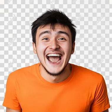 stock image of a young Kazakh man wearing an orange t-shirt. He is joyfully expressing his excitement, with a big smile on his face. The background should be white to highlight his emotions and the brightness of the t-shirt.