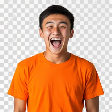 stock image of a young Kazakh man wearing an orange t-shirt. He is joyfully expressing his excitement, with a big smile on his face. The background should be white to highlight his emotions and the brightness of the t-shirt.
