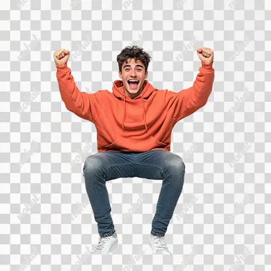 A white background studio with a stylish, modern sofa at its center. A young man in his mid-20s sits on the sofa, visibly excited, leaning slightly forward with a big smile on his face. Hes dressed casually in a bright hoodie and jeans, his hands raised mid-air as if celebrating a win or reacting to good news, with soft lighting, and a throw blanket adding warmth to the scene. The mood is energetic and uplifting, capturing a joyful moment.