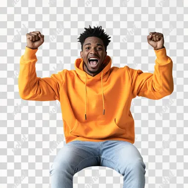 A white background studio with a stylish, modern sofa at its center. A young man in his mid-20s sits on the sofa, visibly excited, leaning slightly forward with a big smile on his face. Hes dressed casually in a bright hoodie and jeans, his hands raised mid-air as if celebrating a win or reacting to good news, with soft lighting, and a throw blanket adding warmth to the scene. The mood is energetic and uplifting, capturing a joyful moment.
