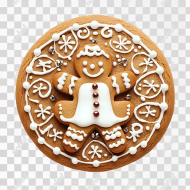 delicious looking christmas decorated gingerbread cookie, round shape, top view, plain white background