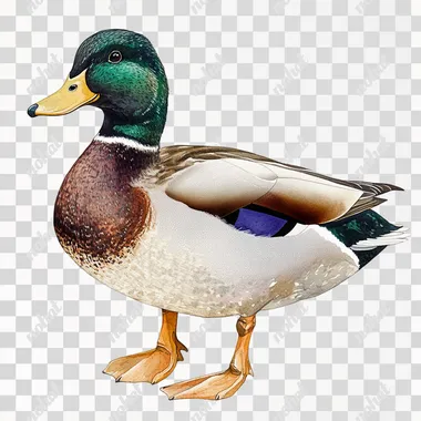 A male mallard duck watercolor looking at the camera, clipart isolated on white background, watercolor illustration with extensive detailing, soft pastel colors