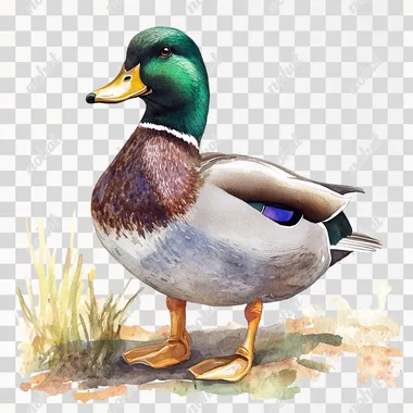 A male mallard duck watercolor looking at the camera, clipart isolated on white background, watercolor illustration with extensive detailing, soft pastel colors