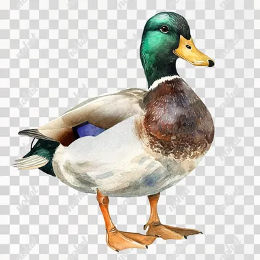 A male mallard duck watercolor looking at the camera, clipart isolated on white background, watercolor illustration with extensive detailing, soft pastel colors