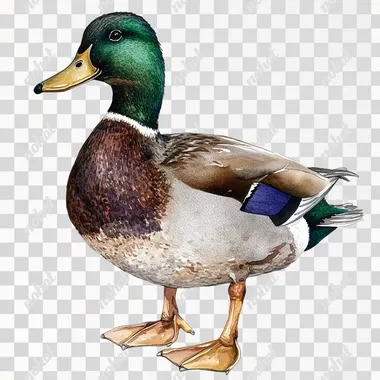 A male mallard duck watercolor looking at the camera, clipart isolated on white background, watercolor illustration with extensive detailing, soft pastel colors