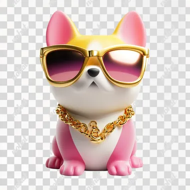 A celebrity dog wearing sunglasses and a gold necklace, attracting everyone's attention, 3D icon, cartoon, clay material, smooth and shiny, equidistant, pink and yellow, spotlight, white background, best details, high-definition, 3D rendering, high-resolution