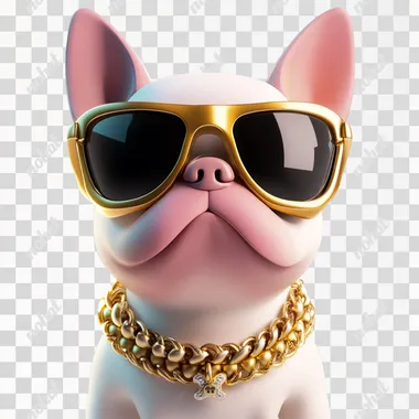 A celebrity dog wearing sunglasses and a gold necklace, attracting everyone's attention, 3D icon, cartoon, clay material, smooth and shiny, equidistant, pink and yellow, spotlight, white background, best details, high-definition, 3D rendering, high-resolution