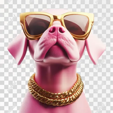 A celebrity dog wearing sunglasses and a gold necklace, attracting everyone's attention, 3D icon, cartoon, clay material, smooth and shiny, equidistant, pink and yellow, spotlight, white background, best details, high-definition, 3D rendering, high-resolution