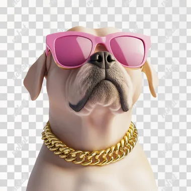 A celebrity dog wearing sunglasses and a gold necklace, attracting everyone's attention, 3D icon, cartoon, clay material, smooth and shiny, equidistant, pink and yellow, spotlight, white background, best details, high-definition, 3D rendering, high-resolution