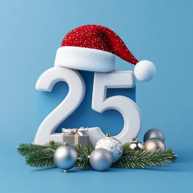 A 3D number 2025 with a Santa hat and Christmas ornaments on a blue background ar-- 16:9