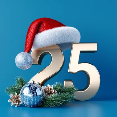 A 3D number 2025 with a Santa hat and Christmas ornaments on a blue background ar-- 16:9