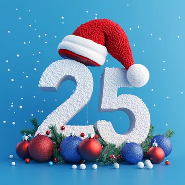 A 3D number 2025 with a Santa hat and Christmas ornaments on a blue background ar-- 16:9