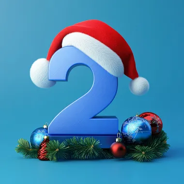 A 3D number 2025 with a Santa hat and Christmas ornaments on a blue background ar-- 16:9