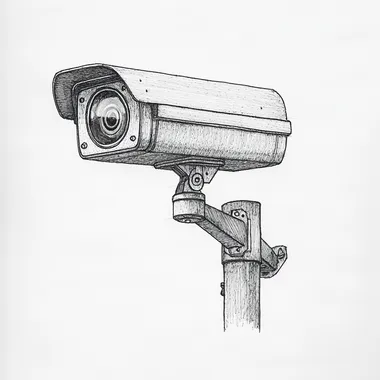 a realistic but simple drawing of a security camera on a poll looking left the camera have dotting shading and the background is white
