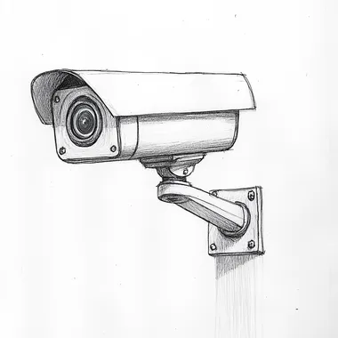 a realistic but simple drawing of a security camera on a poll looking left the camera have dotting shading and the background is white