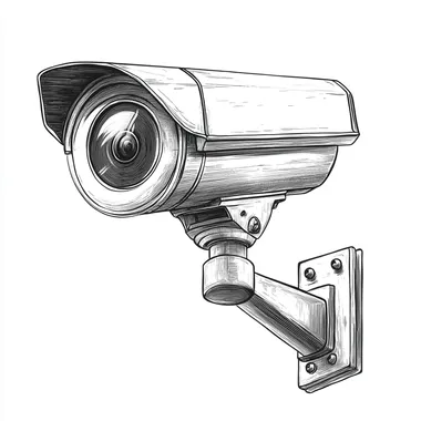 a realistic but simple drawing of a security camera on a poll looking left the camera have dotting shading and the background is white