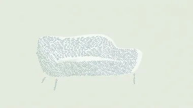 minimalistic modern illustration of a stylish sofa, outlined and shaded using short blue dash strokes, clean light pastel background (such as pale green or soft grey), simple and elegant composition, abstract yet recognizable form, artistic linework drawing style, ultra high resolution  --raw rofile yo8bc3a