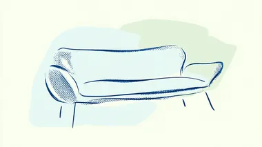 minimalistic modern illustration of a stylish sofa, outlined and shaded using short blue dash strokes, clean light pastel background (such as pale green or soft grey), simple and elegant composition, abstract yet recognizable form, artistic linework drawing style, ultra high resolution  --raw rofile yo8bc3a