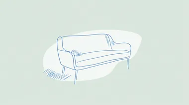 minimalistic modern illustration of a stylish sofa, outlined and shaded using short blue dash strokes, clean light pastel background (such as pale green or soft grey), simple and elegant composition, abstract yet recognizable form, artistic linework drawing style, ultra high resolution  --raw rofile yo8bc3a