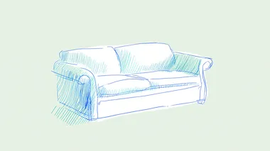 minimalistic modern illustration of a stylish sofa, outlined and shaded using short blue dash strokes, clean light pastel background (such as pale green or soft grey), simple and elegant composition, abstract yet recognizable form, artistic linework drawing style, ultra high resolution  --raw rofile yo8bc3a