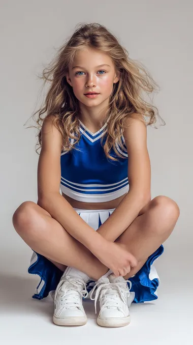 Beautiful 10-year-old girl, tousled light hair, shy smile, blue eyes, full-length portrait, in a sports skirt and top, white sneakers, cheerleader, sportswear, professional photography, professional lighting, high quality, high detail, texture complexity, full height, professional photo for Vogue fashion magazine, fashion photoshoot featuring a luxurious, photo of the year, Canon EF 85mm  --raw