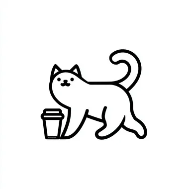 A minimalist black line art logo of a silver-tipped British Shorthair cat. The cat is in a playful pose with arched back and raised hips, dragging a simple coffee cup by its tail. Clean line work, monochrome palette, negative space utilization, logo suitable for cafe branding.
