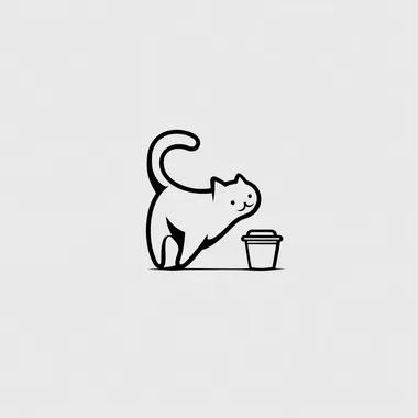 A minimalist black line art logo of a silver-tipped British Shorthair cat. The cat is in a playful pose with arched back and raised hips, dragging a simple coffee cup by its tail. Clean line work, monochrome palette, negative space utilization, logo suitable for cafe branding.