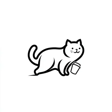 A minimalist black line art logo of a silver-tipped British Shorthair cat. The cat is in a playful pose with arched back and raised hips, dragging a simple coffee cup by its tail. Clean line work, monochrome palette, negative space utilization, logo suitable for cafe branding.
