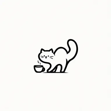 A minimalist black line art logo of a silver-tipped British Shorthair cat. The cat is in a playful pose with arched back and raised hips, dragging a simple coffee cup by its tail. Clean line work, monochrome palette, negative space utilization, logo suitable for cafe branding.