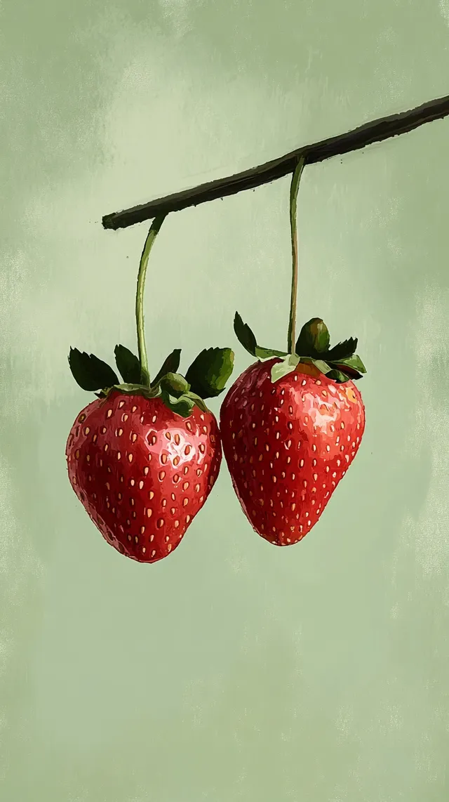 two strawberries hanging from a branch with leaves