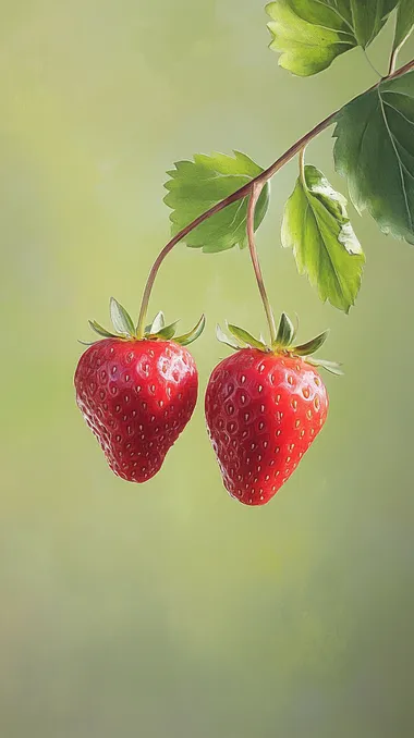Two strawberries hanging from a branch, against a green background. Photographic, high-definition, realistic style.